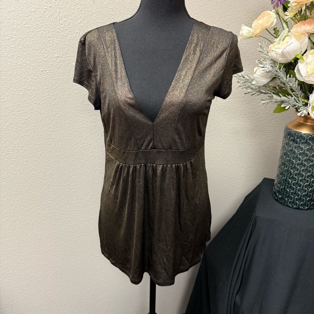 Fleurish Shimmer Deep V Metallic Black Empire Waist Tunic Top XL Party